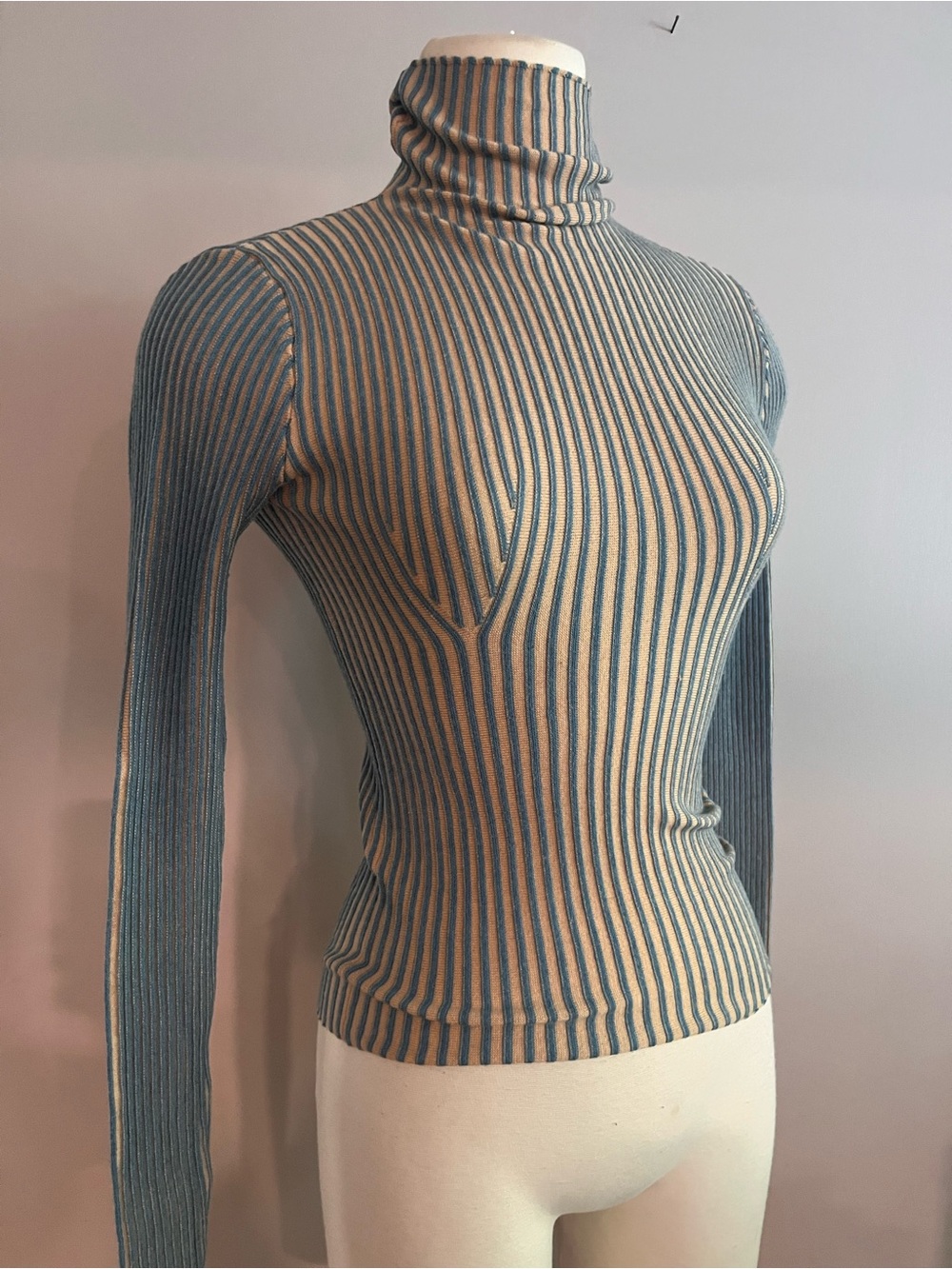 Anewsta Women’s Striped Turtleneck Sweater – Blue and Cream body con
